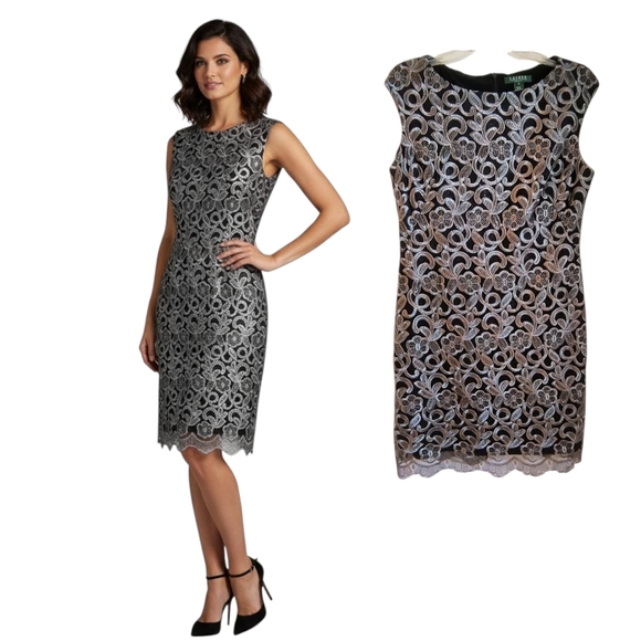 Lauren Ralph Lauren Cocktail Dress Women's Size 12 Black Silver Metallic Lace - Picture 1 of 16